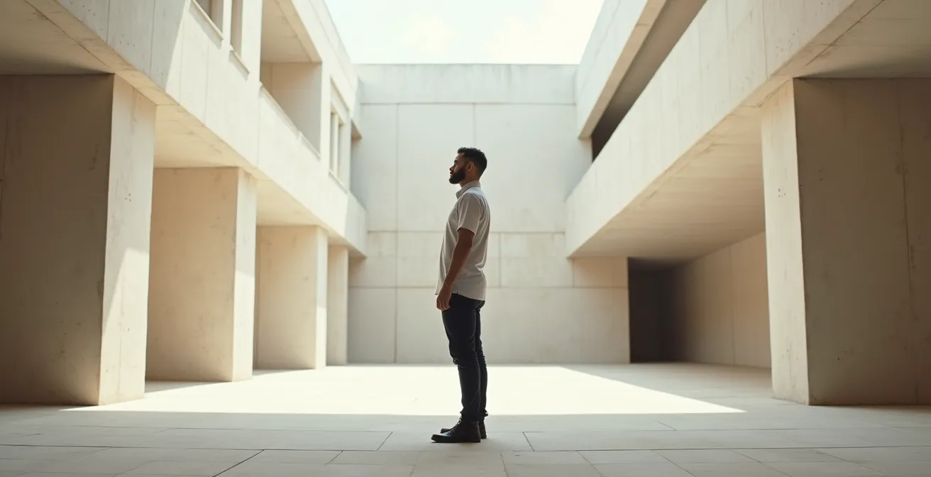 Personne adoptant une posture droite et confiante dans un environnement urbain minimaliste